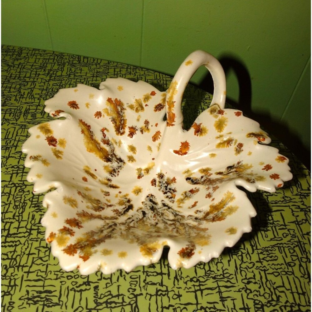 Vintage Handled Ceramic maple Leaf Trinket or Candy Dish white gold drip glaze